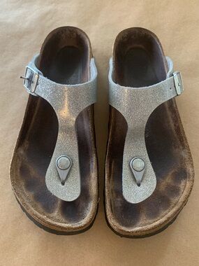 Birkenstock Gizeh Birko Flor Patent Silver Sparkles Size 37